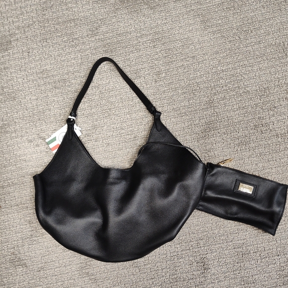 NWT! Viola Castellani Genuine Leather, Hobo Bucket Bag Made in Italy, Black - Picture 2 of 10